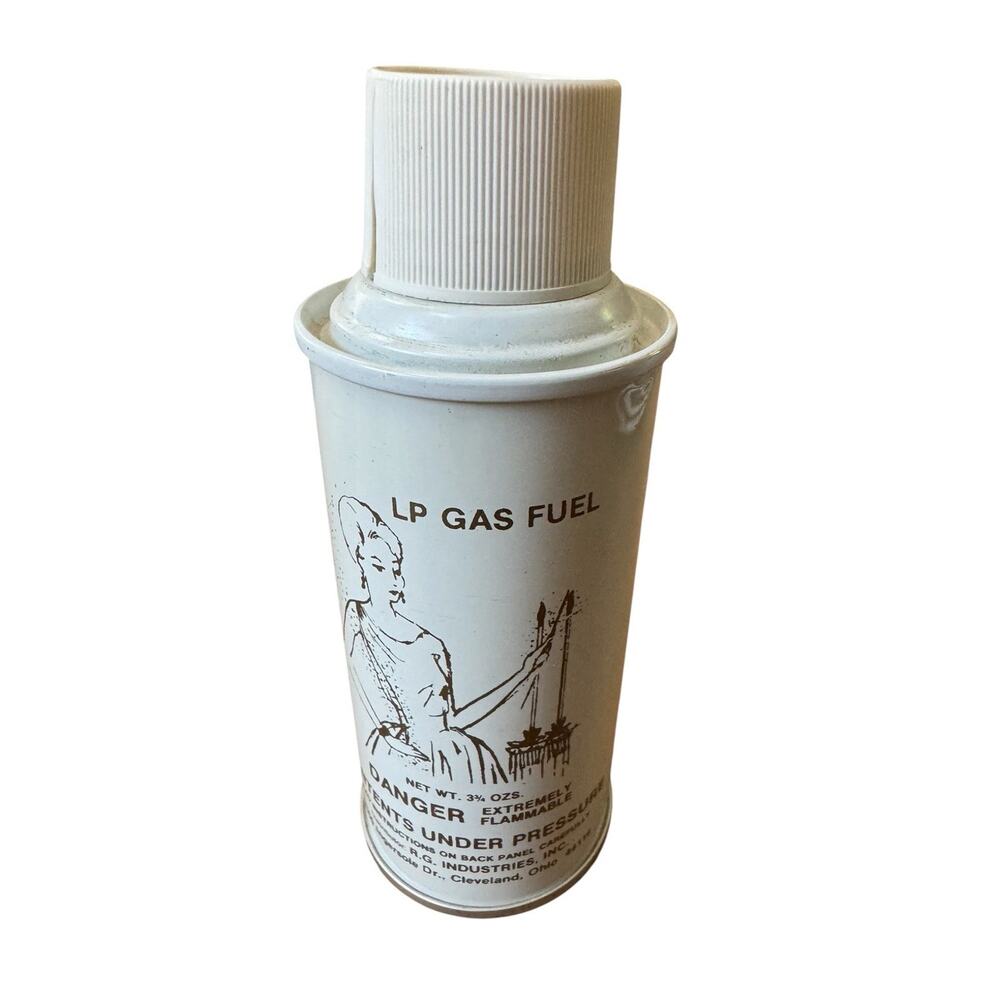 Vintage LP Gas Fuel Can Mid Century Lady Graphics Empty Advertising Tin READ